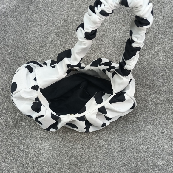 BLACK WHITE COW PRINT HANDBAG SHOULDER BAG Y2K POLYESTER RUCHED CARRY - Picture 5 of 5